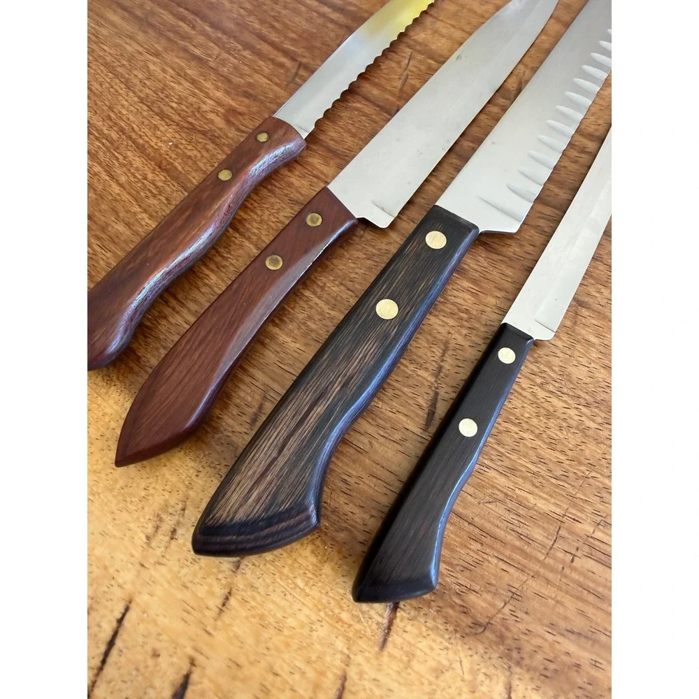 Vintage Ekco Flint Eterna Knife 4pc Stainless Wood Handle USA Slicer Serrated